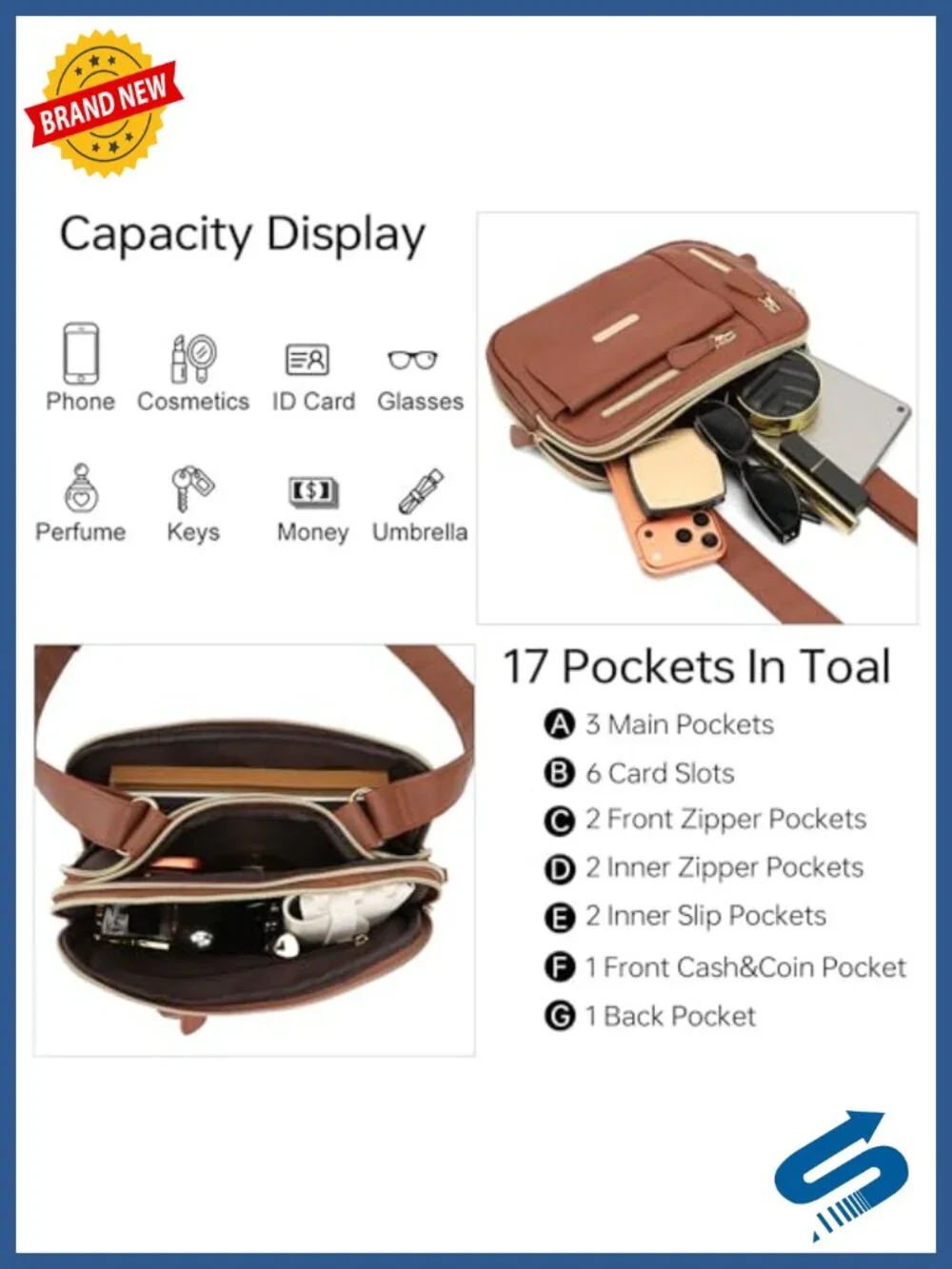 Vegan Leather Crossbody Purse with Built-in RFID Wallet, Multiple Pockets for